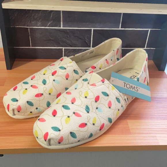 Toms Christmas Natural Tree Lights Print White/Beige Shoes size 8W - Picture 2 of 7